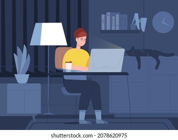 Woman Working Night. Remote Work Home Room Office, Tired Busy Student Learning Overtime In Computer Desk Late At Job, Hard Study Overnight, Girl Designer, Splendid Vector Illustration