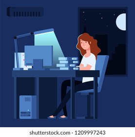 Woman working at night. Unhappy stressed female late hard works in office with documents and computer vector concept