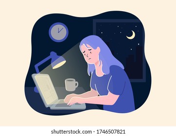 Mujer trabajando de noche. La infeliz y estresada mujer trabaja duro en la oficina con la computadora. las mujeres de negocios trabajan horas extra con el portátil para completar el trabajo con el fondo del paisaje urbano en la noche. vector.