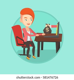 Woman working in office and bag of money coming out of laptop. Woman earning money from online business. Online business concept. Vector flat design illustration in the circle isolated on background.