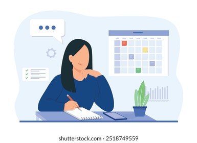 Mujer trabajando en la oficina. Concepto de negocio y organización. Mujer con teléfono inteligente usando App de programación. Ilustración vectorial.