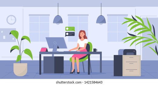 Woman working in office. Can use for backgrounds, infographics, hero images. Flat modern vector illustration.