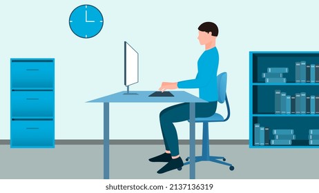 Woman Working At Office Computer Desk From Side View, Work From Home And Flexible Work Hour Character Vector Illustration.