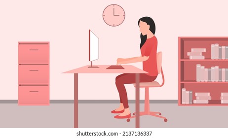 Woman Working At Office Computer Desk From Side View, Work From Home And Flexible Work Hour Character Vector Illustration.