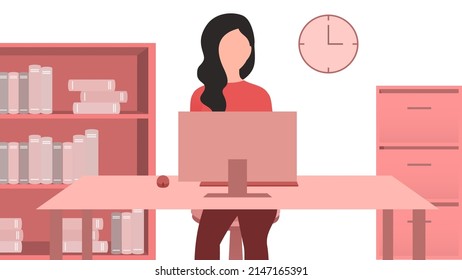 woman working at office computer desk from front view, work from home and flexible work hour character vector illustration.