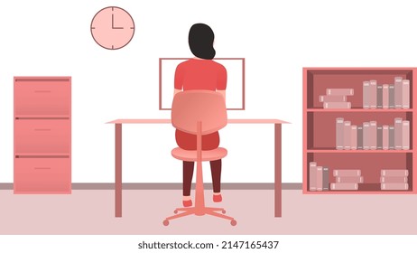 mujer que trabaja en la oficina de computadoras desde la retrovista, trabajo desde el hogar y flexible ilustración vectorial de horario de trabajo.