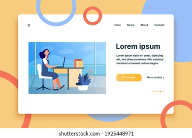 Woman working in office. Employee, worker, manager, interior flat vector illustration. Workplace, professional, business concept for banner, website design or landing web page