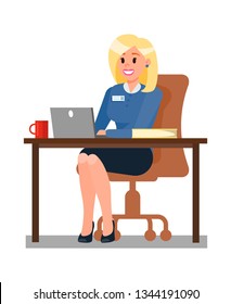 Woman Working in Office Flat Vector illustration. Boss Using Laptop. Secretary, Assistant. Employer, HR Manager with Badge. Folder with CV, Resume. Businesswoman Character. Workplace, Workspace