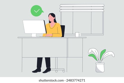 Woman working in office. Girl sits at computer at workplace. Freelancer and remote worker. Hardworking company employee. Organizing efficient work process. Flat vector illustration