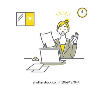 woman working at office happily, simple line art