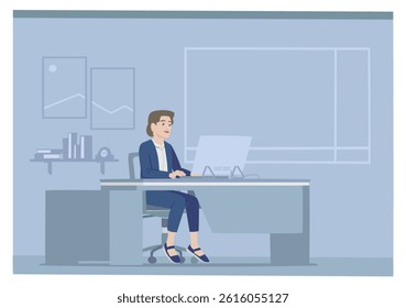 woman working from office on laptop business in her room on blue grey background