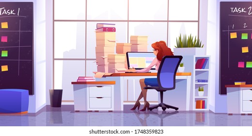 Woman working at office sitting at desk with computer and piles of paper documents front of wide floor-to-ceiling window with cityview. Workplace interior with task boards, Cartoon vector illustration