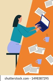 woman working in the office. Woman sitting at a table in workplace with laptop and paper documents surrounding her. Flat vector illustration