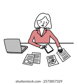 Woman working at office. Smiling woman searching for ideas from tablet. Businesswoman sitting at her desk working with paperwork.