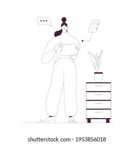 Woman working in the office using tablet. Outline vector illustration, business and teamwork concept