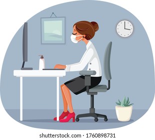 Woman Working in the Office Wearing Medical Face Mask. Girl  wearing personal protective equipment during pandemic outbreak
