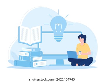 woman working on an assignment using a laptop trending concept flat illustration