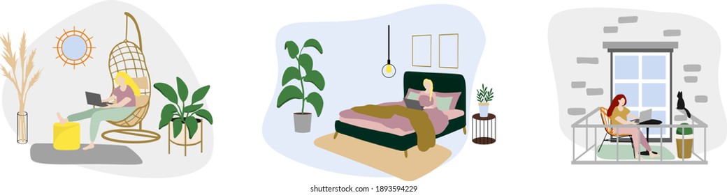 Woman working on balcony, work from home concept. Stay at home. Co-working 
space ,customer service. Young people, woman. Set of cute vector illustrations in flat style
