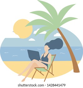 Woman working on a beach. Freelance concept.  Modern flat illustration.