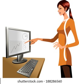 La mujer está trabajando en la computadora 