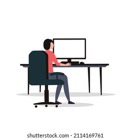 Woman working on computer, computer blank screen template, while sitting at desk, Business concept. Vector flat style illustration isolated on a white background.