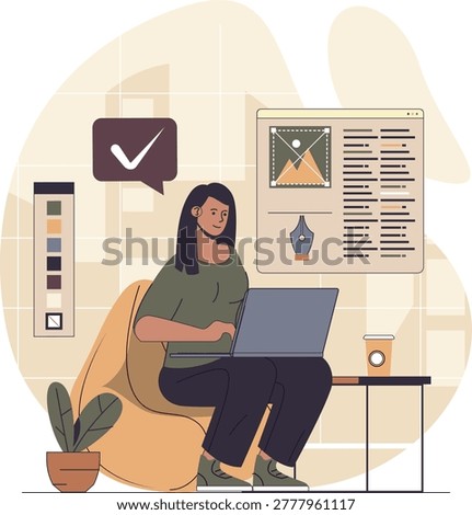 Woman working on computer with camera and documents at desk in home office