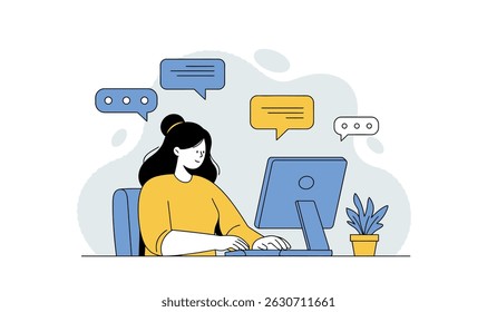 Woman working on computer with chat bubbles illustrating online communication concepts
