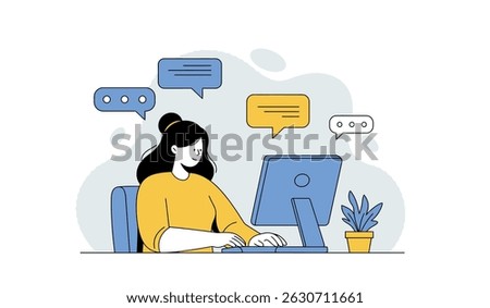 Woman working on computer with chat bubbles illustrating online communication concepts