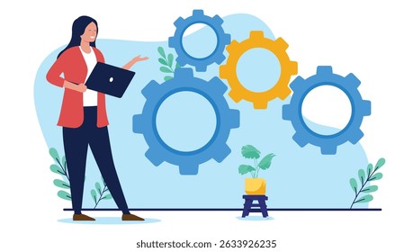 Woman working on computer with cogwheels - Female businessperson in work process standing holding laptop and looking at business machinery smiling. Flat design vector illustration on white background
