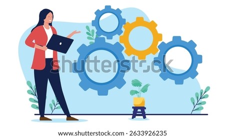 Woman working on computer with cogwheels - Female businessperson in work process standing holding laptop and looking at business machinery smiling. Flat design vector illustration on white background