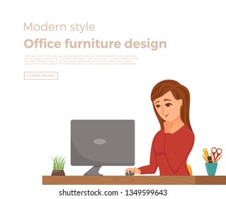 Woman working on computer colorful vector concept. Cartoon flat style illustration of office clerk happy girl sitting on desk with laptop. Female character of freelancer, secretary, businesswoman