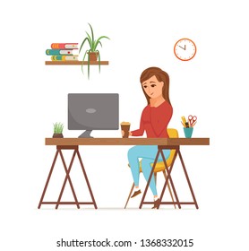 Woman working on computer colorful vector concept. Cartoon flat style illustration of office clerk happy girl sitting on desk with laptop. Female character of freelancer, secretary, businesswoman