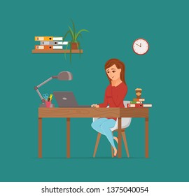 Woman working on computer colorful vector concept. Cartoon flat style illustration of office clerk happy girl sitting on desk with laptop. Female character of freelancer, secretary, businesswoman