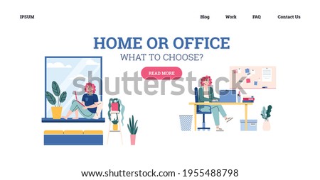 Woman working on computer comparing freelance in home and business in office.