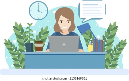 Woman working on computer on the desk illustration
