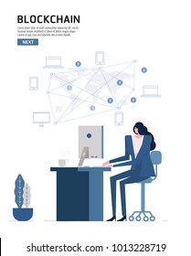 Woman working on computer desktop connect with Smart Device around the world. Blockchain and bitcoin concept. flat design vector illustration