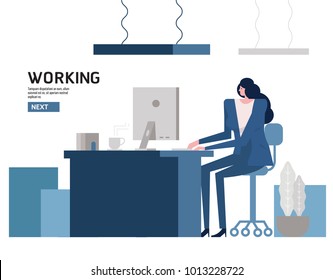 Woman working on computer desktop in office. flat character design vector illustration
