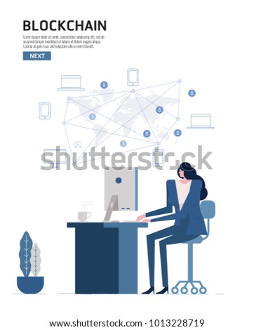 Woman working on computer desktop connect with Smart Device around the world. Blockchain and bitcoin concept. flat design vector illustration