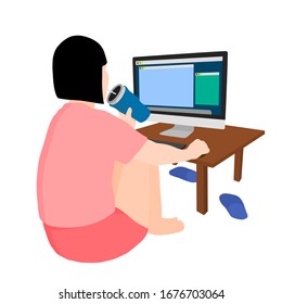 Eine Frau, die an einem Computer und Trinkwasser arbeitet, Vektorillustration, Illustration