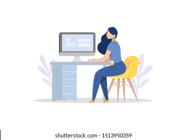 Woman working on the computer. Flat style. Vector