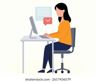 Woman Working on Computer – Flat Vector Illustration