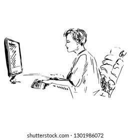 Woman working on computer, hand drawn doodle, sketch, black and white vector illustration