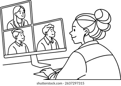 Woman working on computer having a video conference call with colleagues and team members.