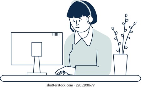 Woman working on computer in headset. Office job concept