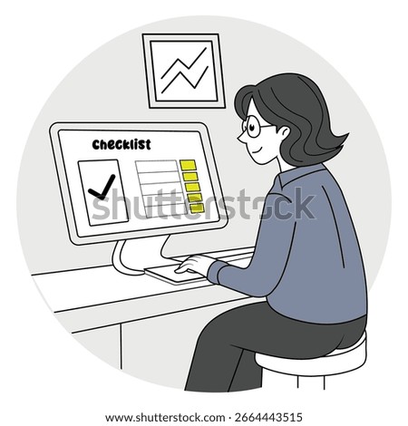  A woman is working on a computer at her desk, checking tasks on a digital checklist. The monitor displays a large checkmark and highlighted boxes, symbolizing completed work or productivity