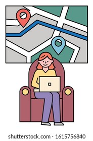 Woman working on computer at home. Lady sit on armchair and planning trip to some place. Street map on wall with way between two destination pointers. Vector illustration of navigation plan in flat