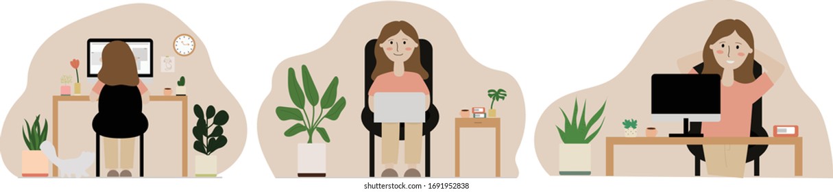 Woman working on computer from home set, cute girl study online at home. co working space.  flat vector illustration cartoon