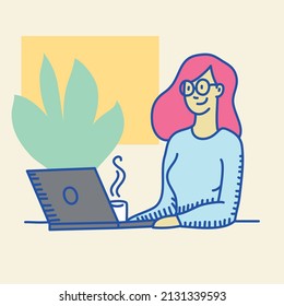 woman working on computer home office doodle art vector