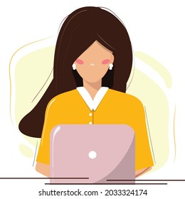 Woman working on computer, lap top. Office, home office, remote working concept. Young female student, freelancer 
working on lap top. 