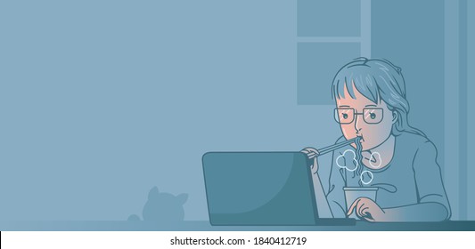 
Woman working on computer laptop and eating noodle. Workaholic Habits overworker. Eating ready meals. A freelance who works overtime until late at night. Stay at home for social distancing.